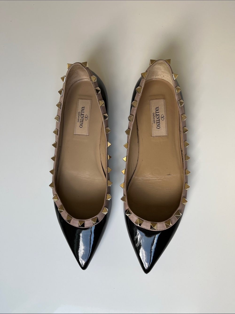 Valentino Black Patent Leather Rockstud Pointed Ballet Flats with Beige Trim